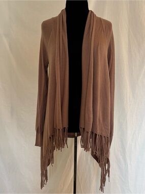 Love Tree Taupe Fringe Open Front Cardigan Boho Duster Sweater Size S